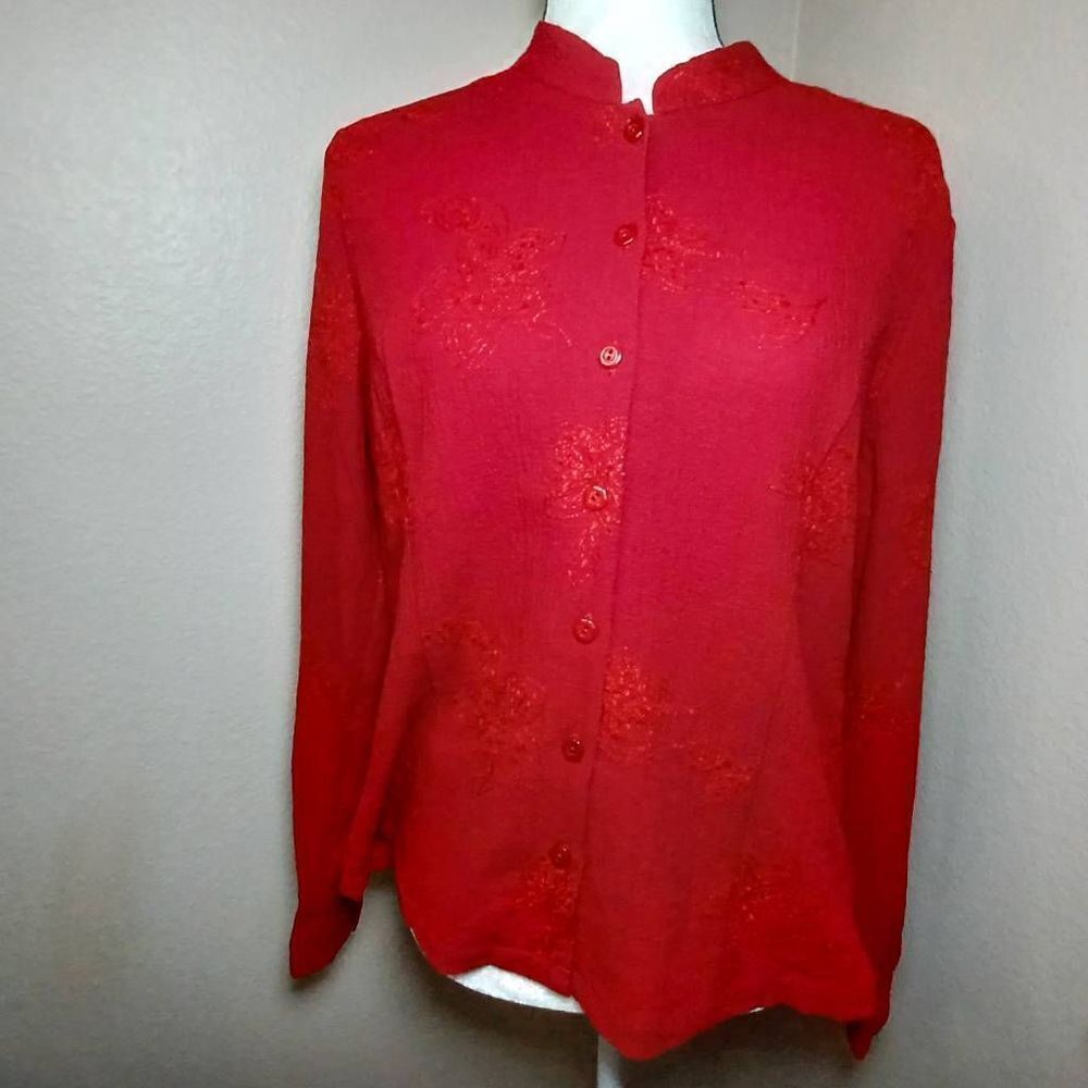 Christopher & Banks women's red embroidered button down blouse Size L